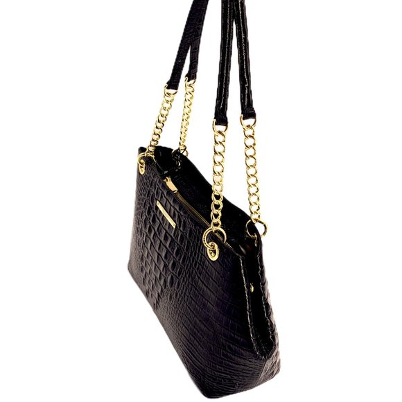 BRAHMIN BLACK CORINGTON TOTE w/ GOLD CHAIN STRAPS - Picture 3 of 12